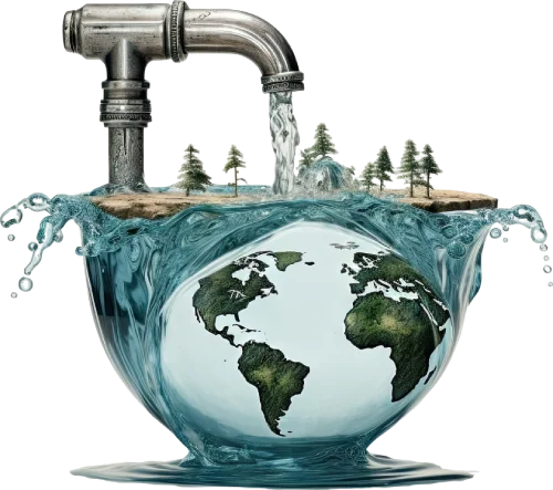 A tap pouring water into a bowl shaped like the Earth