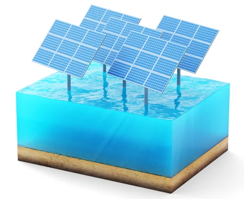 Solar panels standing in a block of clear water